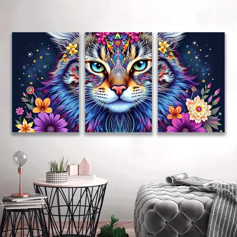 3pcs Colorful Cat with Floral & Starry Design I Wall Art Set Canvas Framed 50x70cm - High Quality Print 100% Australian Made Wall Canvas Ready to Hang - Bella Home Decor