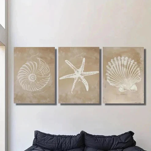 3pcs Coastal Seashell & Starfish Painting Wall Art Set Canvas Unframed - High Quality Print 100% Australian Made Wall Canvas