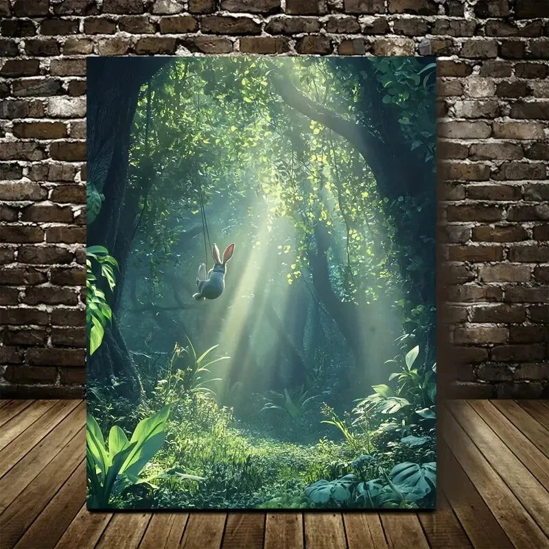Surreal Jungle Scene with Rabbit Swinging Painting 40x60cm Metal Print Ready to Hang - Bella Home Decor