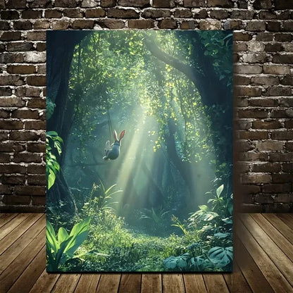 Surreal Jungle Scene with Rabbit Swinging Painting 40x60cm Metal Print Ready to Hang - Bella Home Decor
