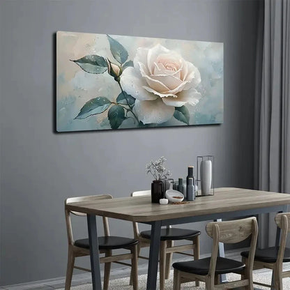 Elegant White Rose with Green Wall Art canvas office home room framed 120x60cm