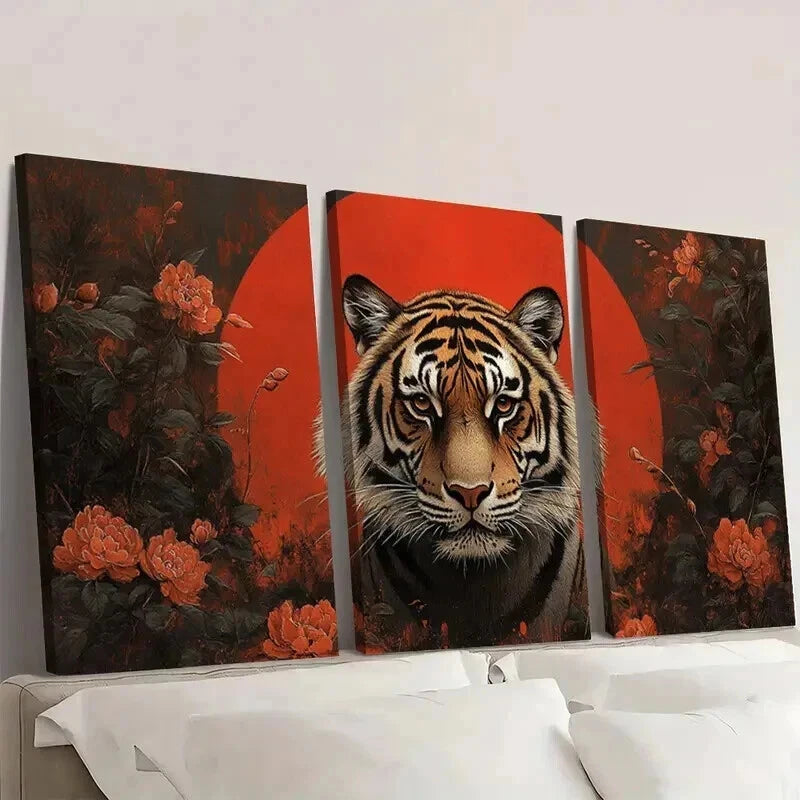 3pcs Japanese Woodblock Tiger Style Wall Art Set Canvas Framed 50x70cm - High Quality Print 100% Australian Made Wall Canvas Ready to Hang - Bella Home Decor
