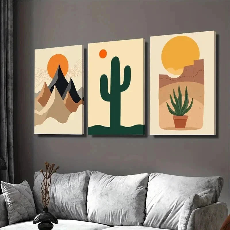 3pcs Modern Desert Landscape Abstract Cactus Wall Art Set Canvas Framed 50x70cm - High Quality Print 100% Australian Made Wall Canvas Ready to Hang