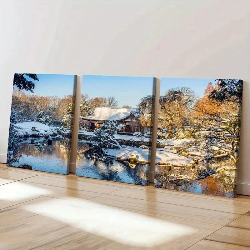 3pcs Snow Scene Cabin Tree Pond Wall Art Set Canvas Framed 40x60cm - High Quality Print 100% Australian Made Wall Canvas Ready to Hang - Bella Home Decor