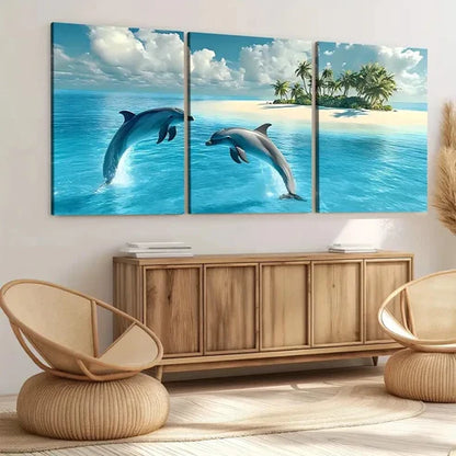 3pcs Dolphin Seascape Blue Sky White Clouds Wall Art Set Canvas Unframed - High Quality Print 100% Australian Made Wall Canvas - Bella Home Decor
