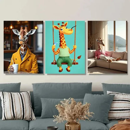 3pcs Colorful Giraffe Whimsical Modern Painting Wall Art Set Canvas Unframed - High Quality Print 100% Australian Made Wall Canvas - Bella Home Decor