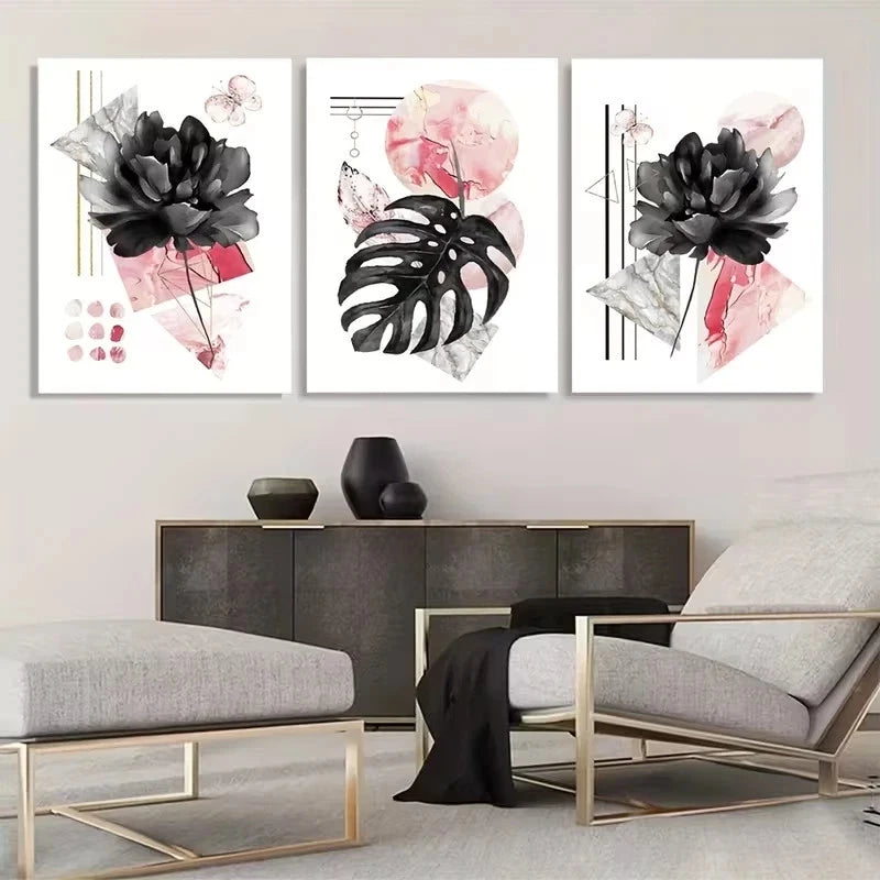 3pcs Pink, Gray, Black Abstract Floral  Wall Art Set Canvas Framed 50x70cm - High Quality Print 100% Australian Made Wall Canvas Ready to Hang