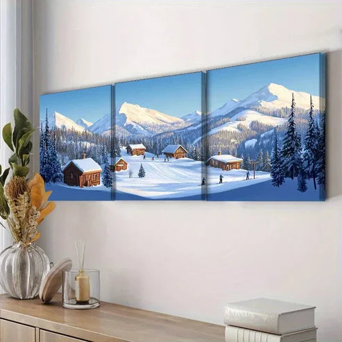3pcs Snow Covered Village Mountains Scenery Wall Art Set Canvas Unframed - High Quality Print 100% Australian Made Wall Canvas