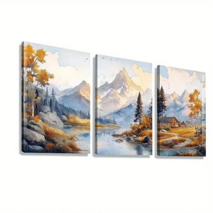 3pcs Scenic Autumn Views with Majestic Mountains  Wall Art Set Canvas Unframed - High Quality Print 100% Australian Made Wall Canvas