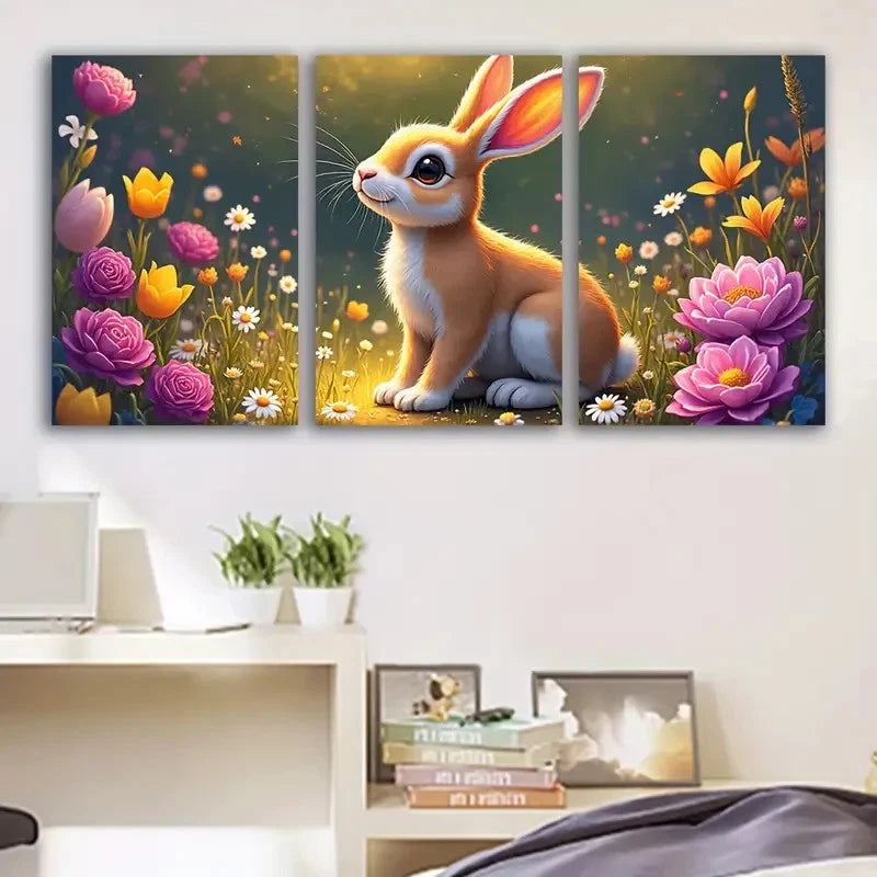 3pcs Charming Rabbit In Flower Field Wall Art Set Canvas Framed 50x70cm - High Quality Print 100% Australian Made Wall Canvas Ready to Hang - Bella Home Decor