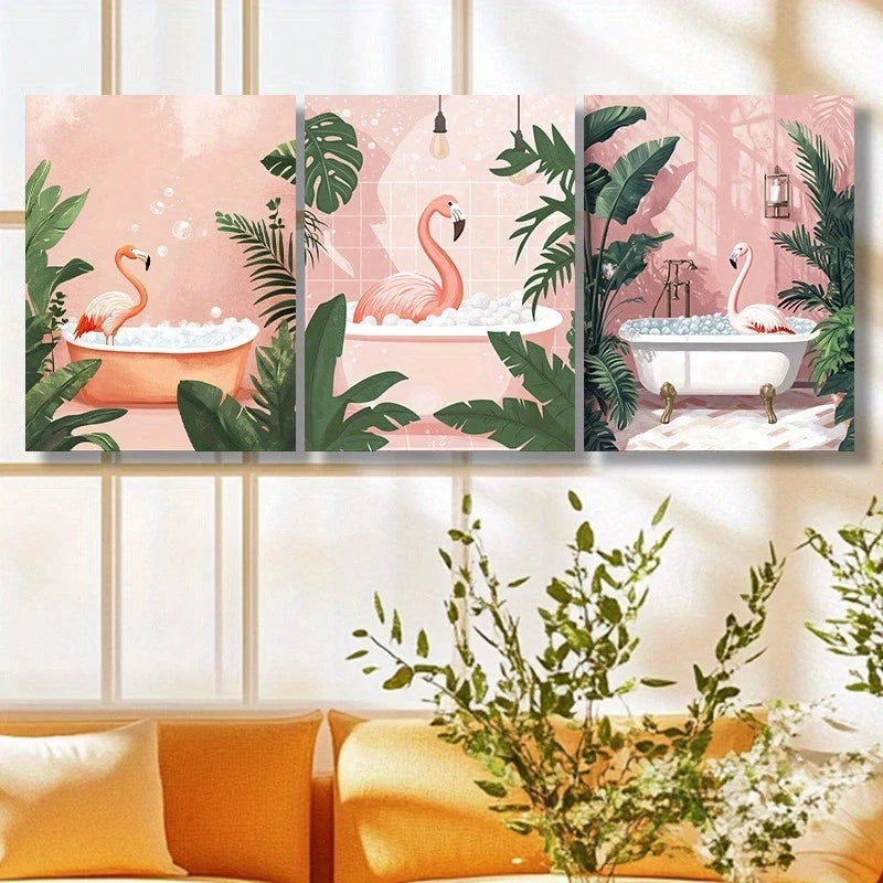 3pcs The Flamingo Bathtub Bird Themed Metal Print Ready to Hang Art