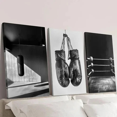 3pcs Black And White Boxing Ring Bag & Gloves Wall Art Canvas Unframed - High Quality Print 100% Australian Made Wall Canvas - Bella Home Decor