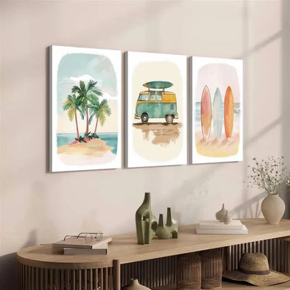 3pcs Coastal Vibes With A Kombi Van    Wall Art Set Canvas Framed 40x60cm - High Quality Print 100% Australian Made Wall Canvas Ready to Hang - Bella Home Decor