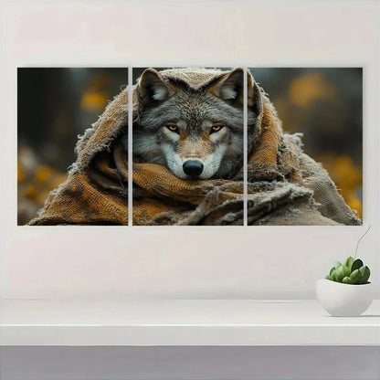 3pcs Wolf Woven Throw Blanket Earthy Metal Print Ready to Hang Art - Bella Home Decor