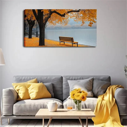 Falling Leaves Serene Lakeside Wall Art Canvas Office Home Room Framed 120x60cm - Bella Home Decor