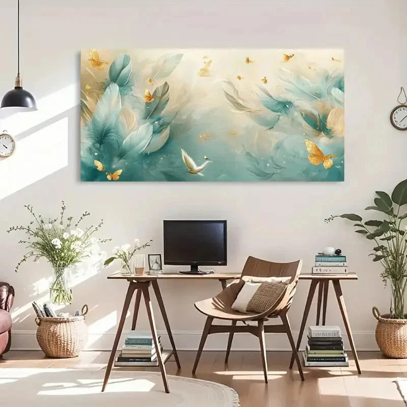 Butterfly Green Golden Neutral Wall Art Canvas Office Home Room Framed 120x60cm - Bella Home Decor