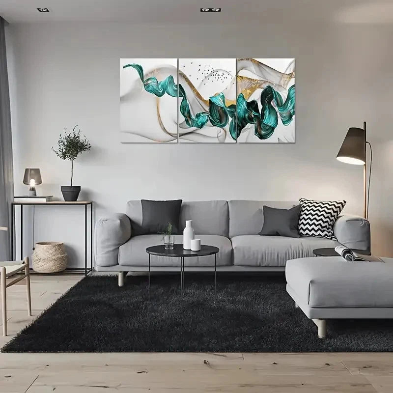 3pcs Teal and Golden Swirls with Birds Metal Print Ready to Hang Art