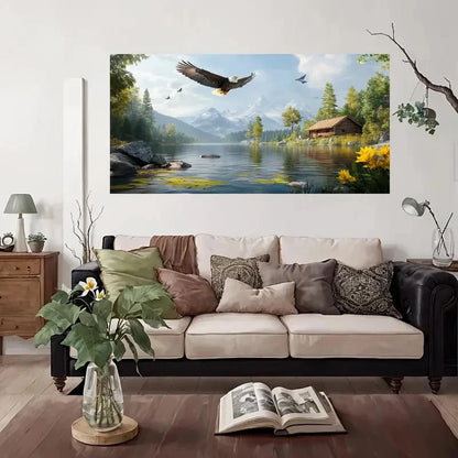 Eagle Soaring Mountain Lake Wall Art Canvas Office Home Room Framed 120x60cm