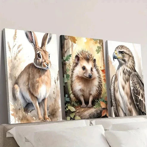 3pcs Aesthetic Watercolor Rabbit Hedgehog Eagle  Wall Art Set Canvas Unframed - High Quality Print 100% Australian Made Wall Canvas - Bella Home Decor