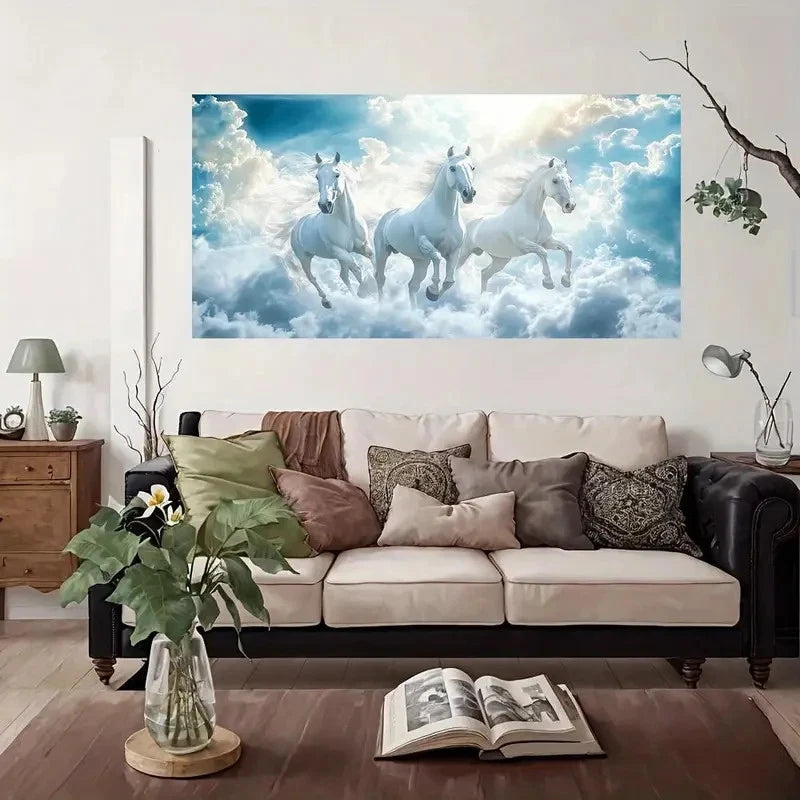 Horses In Fluffy Clouds Wall Art Canvas Office Home Room Framed 120x60cm
