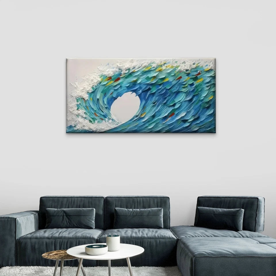 Waves Blue Green Abstract Wall Art Canvas Office Home Room Framed 120x60cm