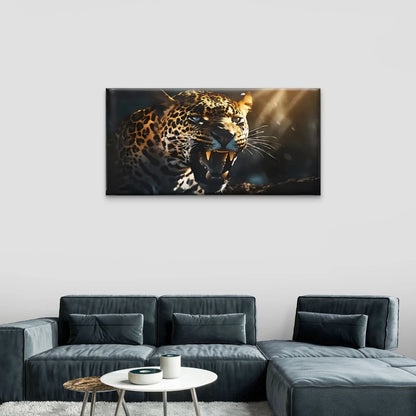 Roaring Leopard Dark Sunlight Wall Art Canvas Office Home Room Framed 120x60cm