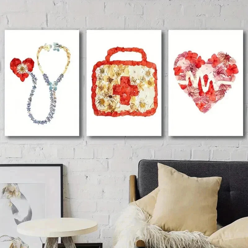 3pcs Floral Stethoscope Heartbeat Design Perfect Wall Art Set Canvas Framed 50x70cm - High Quality Print 100% Australian Made Wall Canvas Ready to Hang - Bella Home Decor