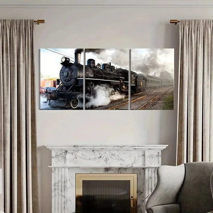3pcs Retro Vintage Steam Train Vehicle Wall Art Set Canvas Framed 50x70cm - High Quality Print 100% Australian Made Wall Canvas Ready to Hang - Bella Home Decor