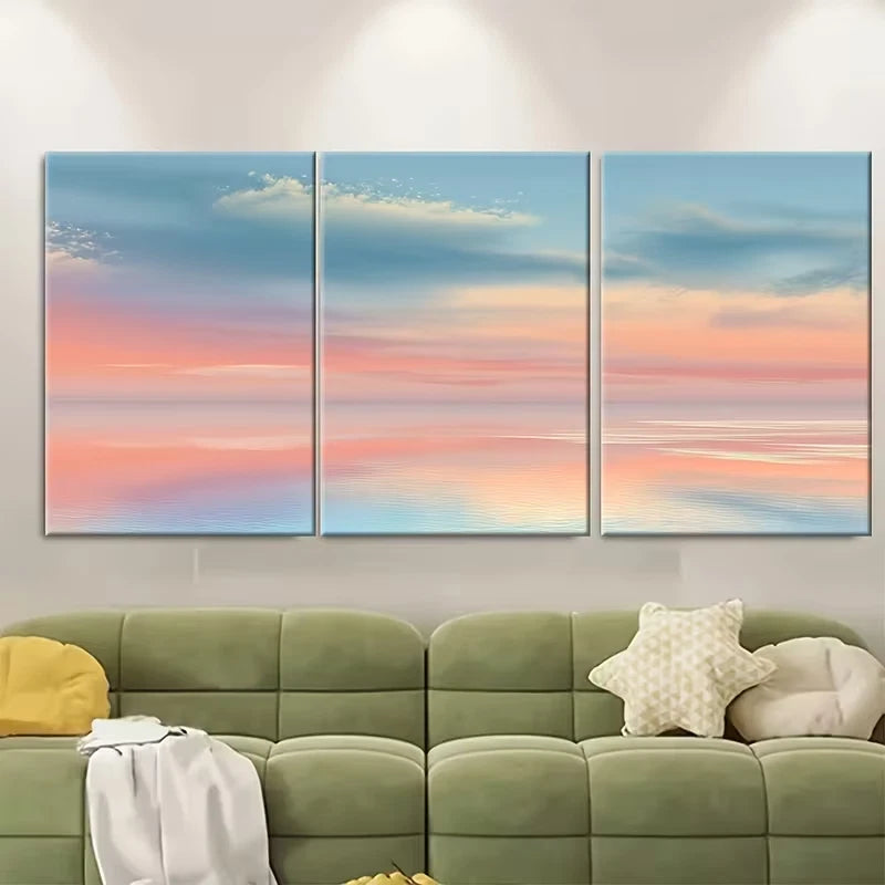 3pcs Soft Mint & Peach Horizon Coastal Sunrise Metal Print Ready to Hang Art