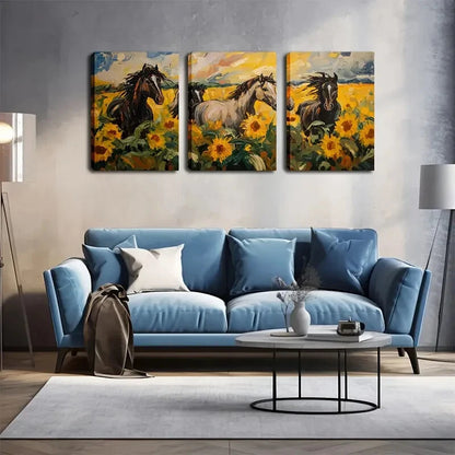 3pcs Horse and Sunflower Field Scene Perfect Wall Art Set Canvas Framed 40x60cm - High Quality Print 100% Australian Made Wall Canvas Ready to Hang - Bella Home Decor