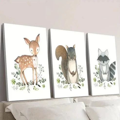 3pcs Cute Baby Deer Squirrel Raccoon Wall Art Set Canvas Unframed - High Quality Print 100% Australian Made Wall Canvas - Bella Home Decor