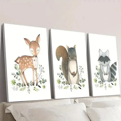 3pcs Cute Baby Deer Squirrel Raccoon Wall Art Set Canvas Unframed - High Quality Print 100% Australian Made Wall Canvas - Bella Home Decor