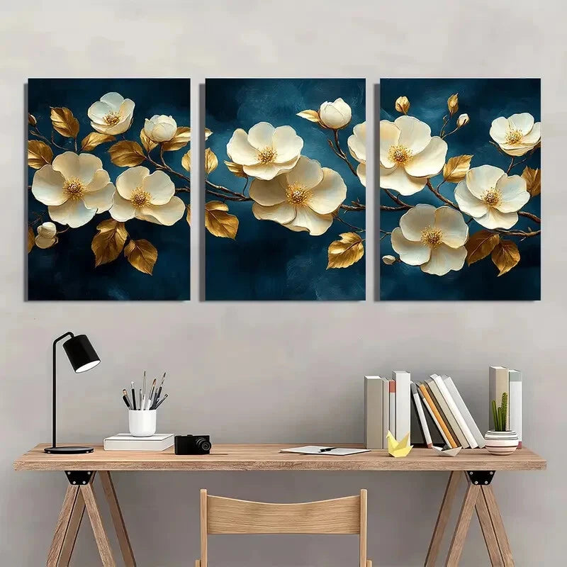 3pcs Golden Leaves & White Flowers Metal Print Ready to Hang Art - Bella Home Decor