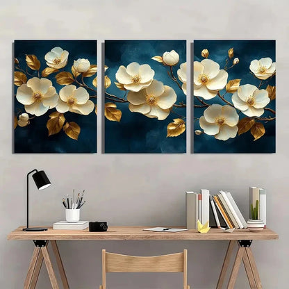 3pcs Golden Leaves & White Flowers Metal Print Ready to Hang Art - Bella Home Decor