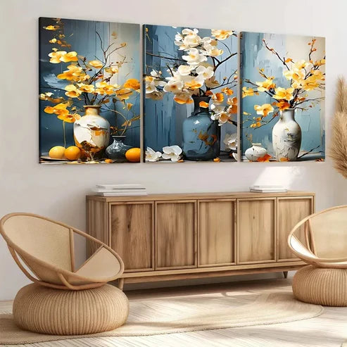 3pcs Floral Bonsai Elegant White & Yellow Florals Art Wall Art Set Canvas Unframed - High Quality Print 100% Australian Made Wall Canvas
