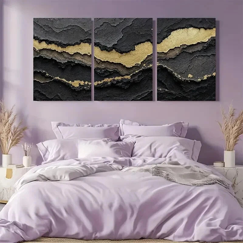 3pcs Black & Golden Luxury Abstract Metal Print Ready to Hang Art - Bella Home Decor