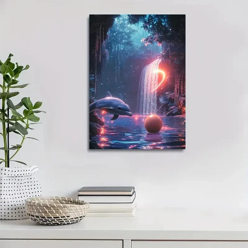 Dolphin Playing with Ball Under Waterfall Painting  40x60cm Metal Print Ready to Hang - Bella Home Decor