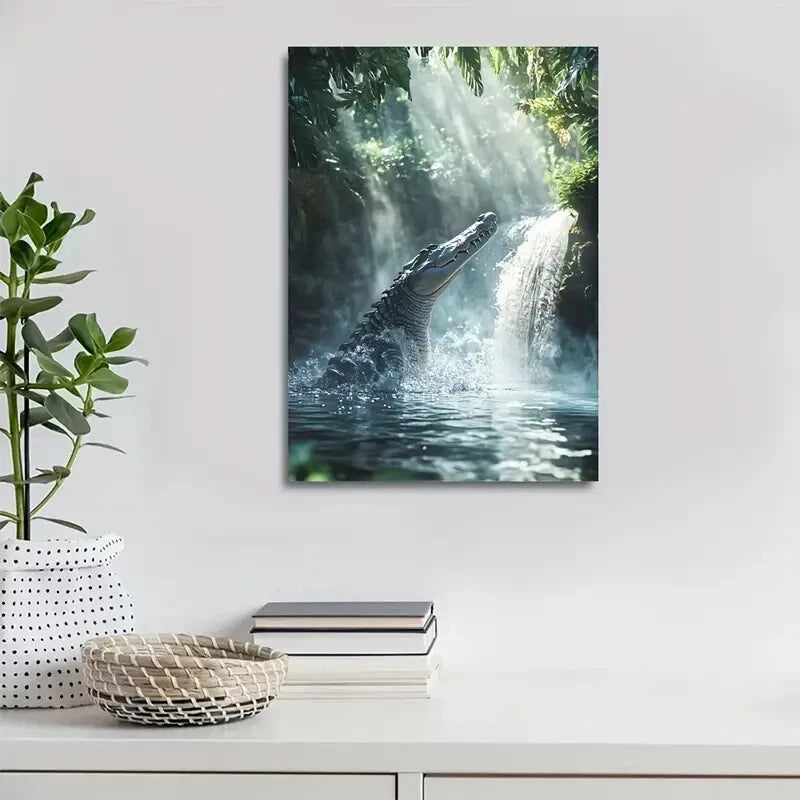 Crocodile Splashing in Waterfall Scene Painting 40x60cm Metal Print Ready to Hang - Bella Home Decor