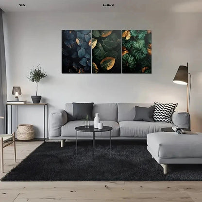 3pcs Dark Green & Golden Leaves Metal Print Ready to Hang Art - Bella Home Decor