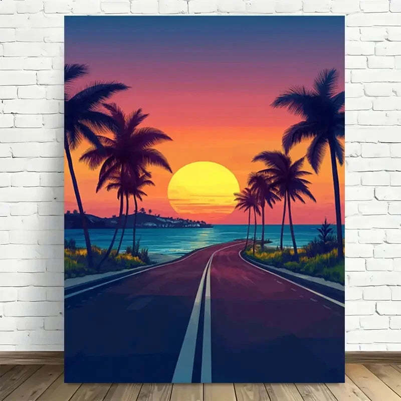 Beautiful Sunset Beach Road Modern Vintage Painting 40x60cm Metal Print Ready to Hang - Bella Home Decor