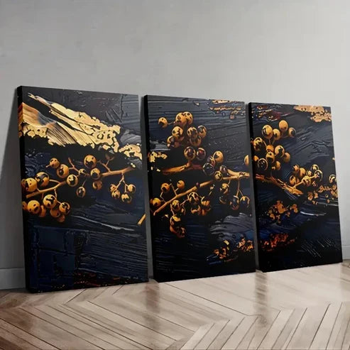 3pcs Golden Berries on Black Background  Art Set Canvas Unframed - High Quality Print 100% Australian Made Wall Canvas - Bella Home Decor