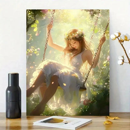 Beautiful Girl In a White Dress Is Sitting on a Swing 40x60cm Metal Print Ready to Hang