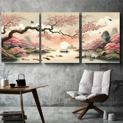 3pcs Cherry Blossom River Zen Koi Fish Wall Art Set Canvas Unframed - High Quality Print 100% Australian Made Wall Canvas - Bella Home Decor