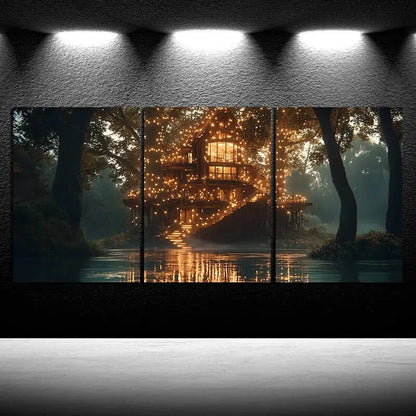 3pcs The Glass House By The River Trees Metal Print Ready to Hang Art - Bella Home Decor