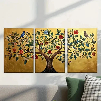 3pcs Tree with Birds and Colorful Flowers Wall Art Canvas Unframed - High Quality Print 100% Australian Made Wall Canvas