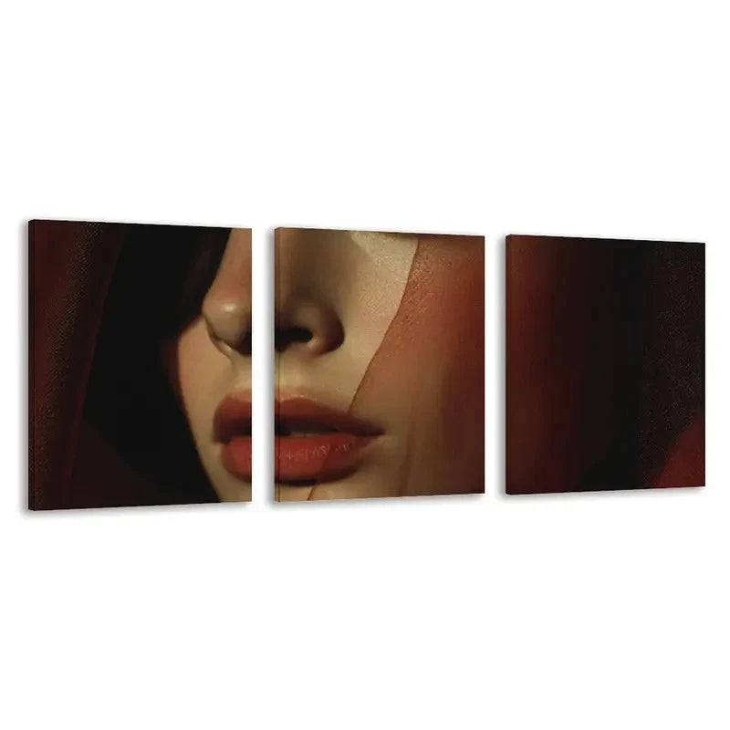 3pcs Woman Portrait with Dark Hair & Red Lips Wall Art Set Canvas Framed 40x60cm - High Quality Print 100% Australian Made Wall Canvas Ready to Hang