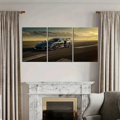 3pcs Sleek Gray Sports Car at Sunset Wall Art Set Canvas Unframed - High Quality Print 100% Australian Made Wall Canvas