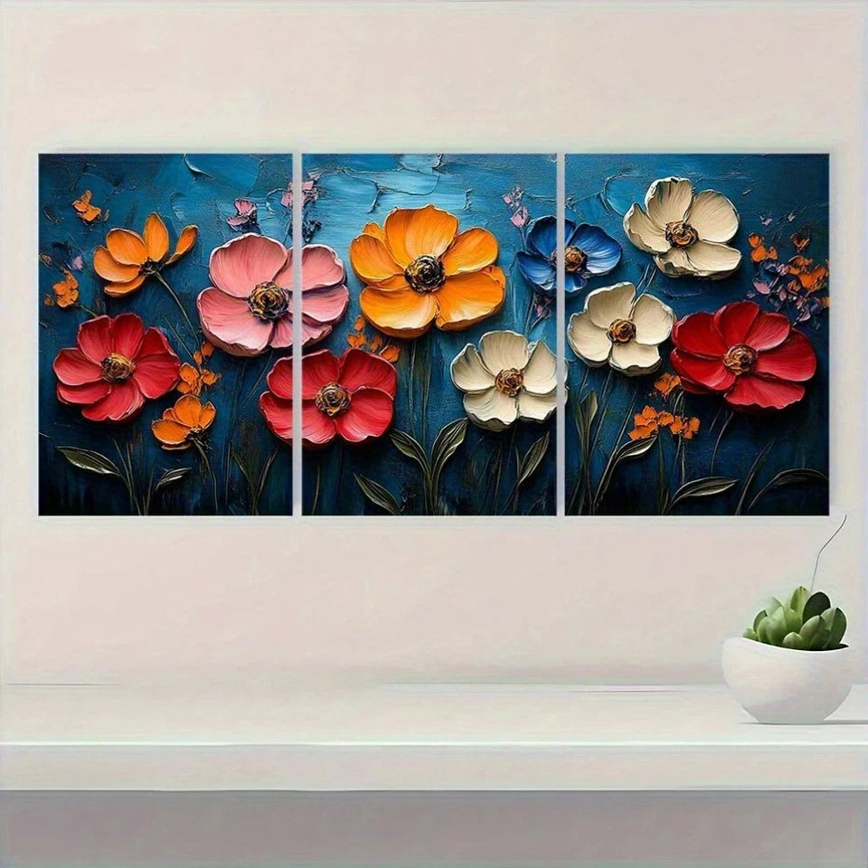 3pcs Boho Chic Abstract Floral Vibrant Textured Metal Print Ready to Hang Art - Bella Home Decor