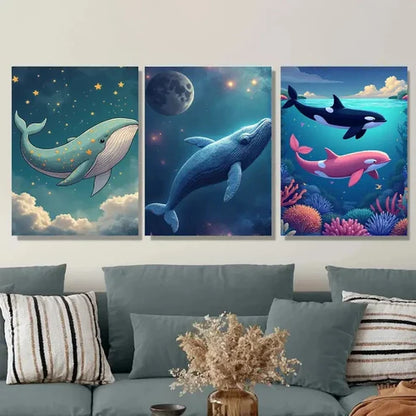 3pcs Whales and Dolphins Under The Moonlit Sky Wall Art Set Canvas Unframed - High Quality Print 100% Australian Made Wall Canvas