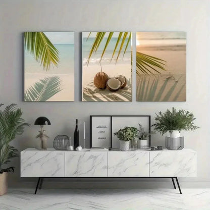 3pcs Palm Leaves, Coconut & Sand  Wall Art Set Canvas Framed 50x70cm - High Quality Print 100% Australian Made Wall Canvas Ready to Hang - Bella Home Decor